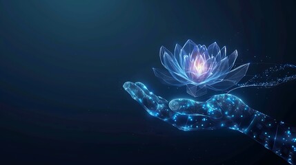 Hand holding Futuristic Digital Lotus Flower for Future Modern Flower Beauty Concept.