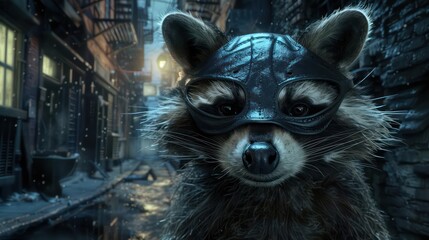 Wall Mural - raccoon as a bandit, with a mask and dark alley backdrop