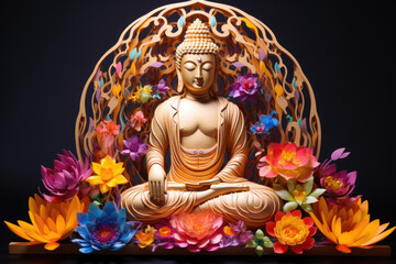 Wall Mural - glowing golden buddha with many 3d papercut colorful flower, nature background