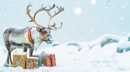 Wall Mural - reindeer as a delivery driver, with parcels, on a snowy white backdrop