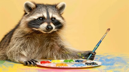 Wall Mural - raccoon as a painter, with a palette and brush, on a pastel yellow background