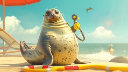 Wall Mural - seal as a lifeguard, with a whistle and lifesaver, on a beach backdrop