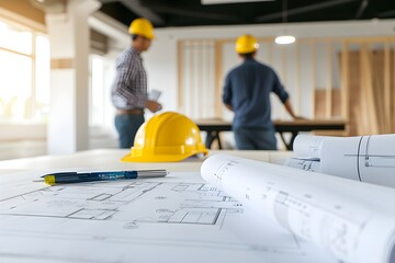 Background of construction manager discussing plans in an empty office space