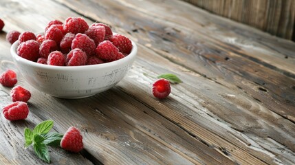 Poster - Fresh raspberries in white bowl on wooden table with decor with copy space