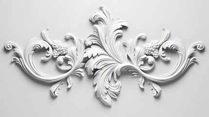 3D illustration of white decorative relief beautiful detailed ornament with acanthus leaves decoration in baroque style isolated on white background