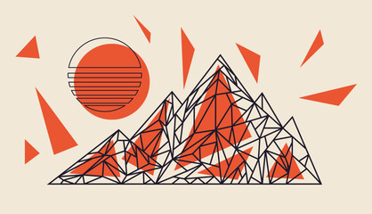 Abstract mountain polygonal outlined and striped sun illustration. Abstract retro geometric mountain and sun illustration design.