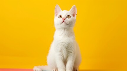 Wall Mural - Funny white cat of the breed Scottish straight sits isolated on colorful background