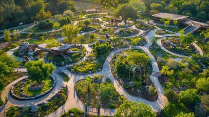 Aerial view of an open zoo with diverse animal habitats, winding paths, and visitor areas, copy space, ideal for travel and eco-tourism content.