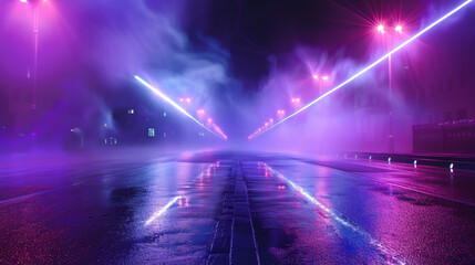 Wall Mural - an ultraviolet background depicting an empty, foggy street with wet asphalt, illuminated by searchli