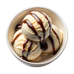 Vanilla ice cream with chocolate dripping on white bowl on transparent background