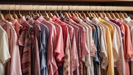 a row of colorful dresses and shirts hanging from a wooden rack in the wardrobe. A simple background with a row of tops and long sleeve shirts hanging from a wooden pole

