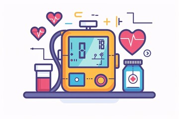 Monitoring blood pressure with a cuff device on a white background, with an editable stroke icon.