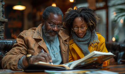 African American Senior Couple Planning Retirement Trip Together in Cozy Setting Leading to Adventure and Exploration