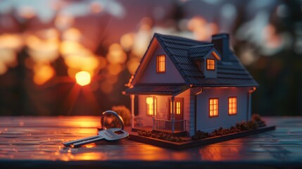 House ownership and real estate investment, miniature house with keys with sunlight background, Ai generated for ads