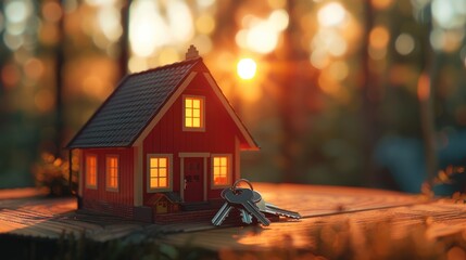 House ownership and real estate investment, miniature house with keys with sunlight background, Ai generated for ads