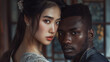 © tiagozr - Interracial couple in elegant attire, Asian woman and African man, intimate pose.