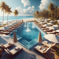 Wall Mural - Luxury hotel swimming pool surrounded by tropical palm trees and blue water in a resort setting