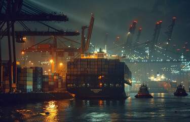 Canvas Print - A large container ship at the port, with cranes unloading containers onto it and cargo trucks nearby