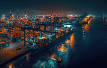 Poster - A large container ship at the port, with cranes unloading containers onto it and cargo trucks nearby