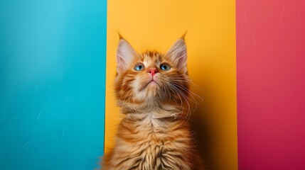 Wall Mural - Red domestic cat looking up isolated on colorful background