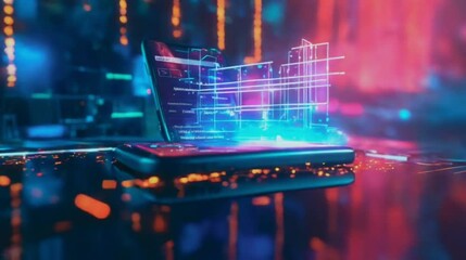 Smartphone with Trading Chart Displayed in a Futuristic Setting. A smartphone displays a trading chart, surrounded by futuristic-style bokeh lights and geometric patterns. Seamless video animation Ai