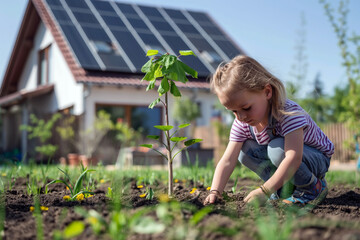 A child planting a tree in a garden with a house in the background, featuring solar panels on the roof.