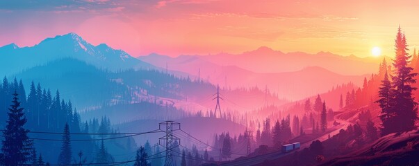 Wall Mural - A beautiful mountain landscape with a pink and blue sky and a sun in the background. The mountains are covered in trees and there is a road running through the forest