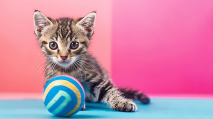 Wall Mural - Small scottish kitten and a bright ball isolated on colorful background