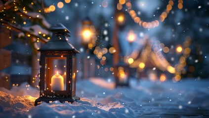 Poster - Festive Lantern in Snowy Night with Warm Candlelight and Holiday Decorations