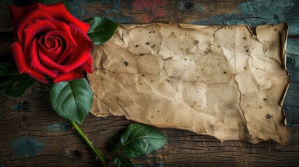 Poster - Romantic holiday background with a red rose and aged paper on wood