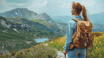 Young woman with a backpack exploring a mountain trail, enjoying the scenery