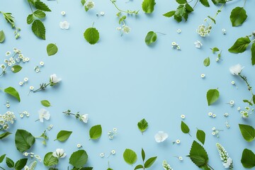 Minimalist flat lay of small leaves and flowers, arranged in an abstract pattern on a pastel blue background with copy space for text or design. The flat lay uses a minimal concept. A top view photo t