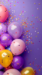 Wall Mural - 3d realistic colorful balloons on purple background in birthday style