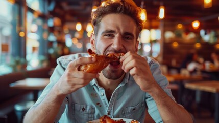 Canvas Print - A man sitting at a table eating a piece of pizza