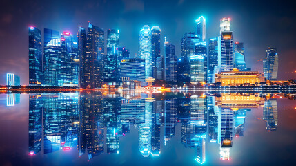 Poster - a stunning city skyline at night. The illuminated skyscrapers and buildings are beautifully reflected on a body of water in the foreground