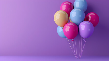 Wall Mural - 3d realistic colorful balloons on purple background in birthday style