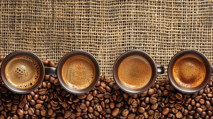 Poster - Delicious brewed coffee with coffee cups and beans on table background