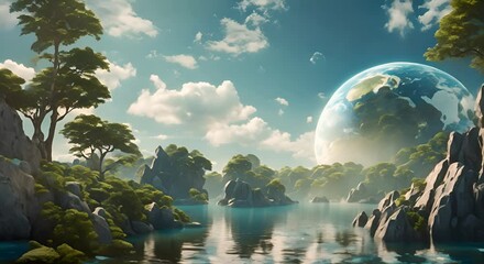 Wall Mural - A detailed Earth planet with trees rocks and blue water on it surrounded by clouds Sustainable science concept composition 4k animation