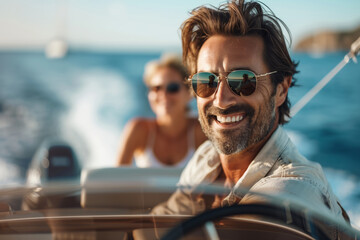 Happy man wearing sunglasses while driving a boat on a sunny day