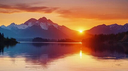 Wall Mural - sunset over mountains and lakes.Seamless 4k time lapse virtual video animation background