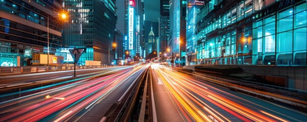 Wall Mural - Dynamic long-exposure city lights creating vibrant streaks. Free copy space for banner.