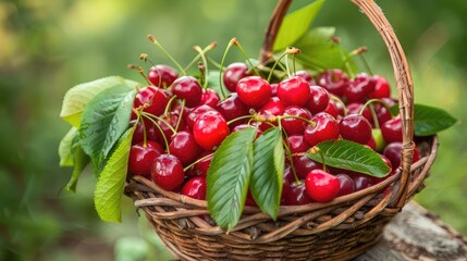 Wall Mural - A basket of freshly picked cherries with leaves attached.