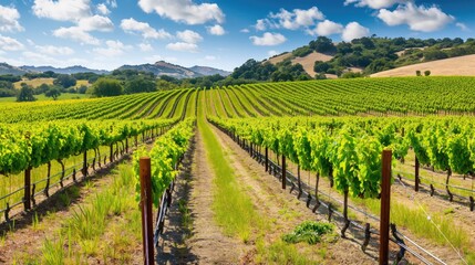 Rows of grape vines stretch out under a clear blue sky, with rolling hills in the distance