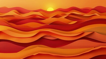 Wall Mural - a 3d papercraft landscape featuring rolling hills and a sunset, crafted entirely from layers of colo