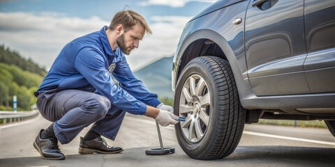 Wall Mural - young man with tire in the car