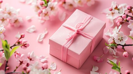 Pink gift box and spring flowers on pink background