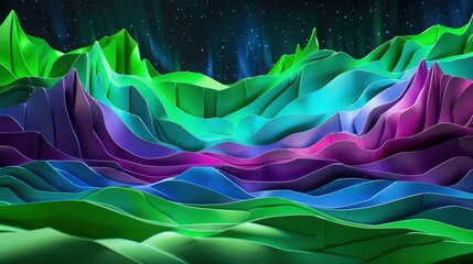 Wall Mural - A 3D papercraft sculpture mimicking the Northern Lights, using flowing sheets of green, purple, and blue paper to create an ethereal and captivating display.