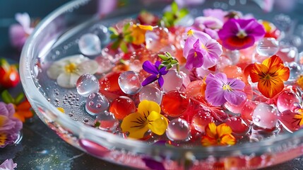 Panoramic view of a dish with delectable blossoms jelly portions