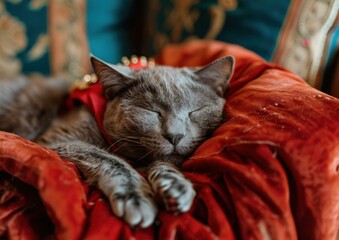 Wall Mural - A cat naps peacefully on a red blanket. AI.