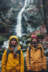 Canvas Print - A couple wearing yellow jackets and standing in front of a waterfall. AI.